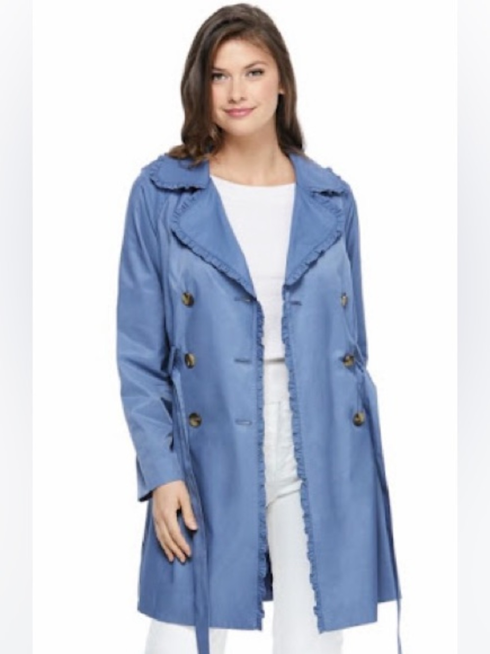 Gal Meets Glam Powder Blue Ruffle-Trim Double-Breasted Trench